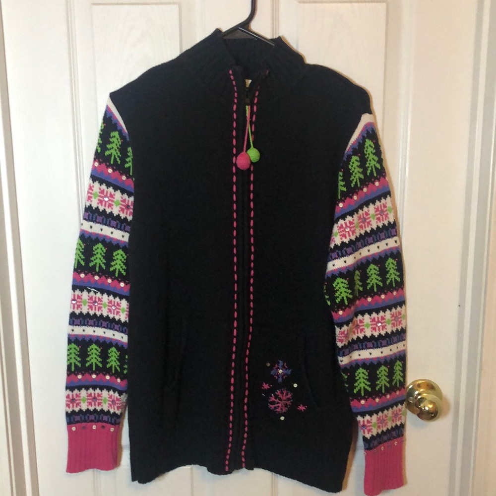 Quacker Factory Medium Woman’s Long Sleeve Zip Up Nordic Snowflakes Sweater